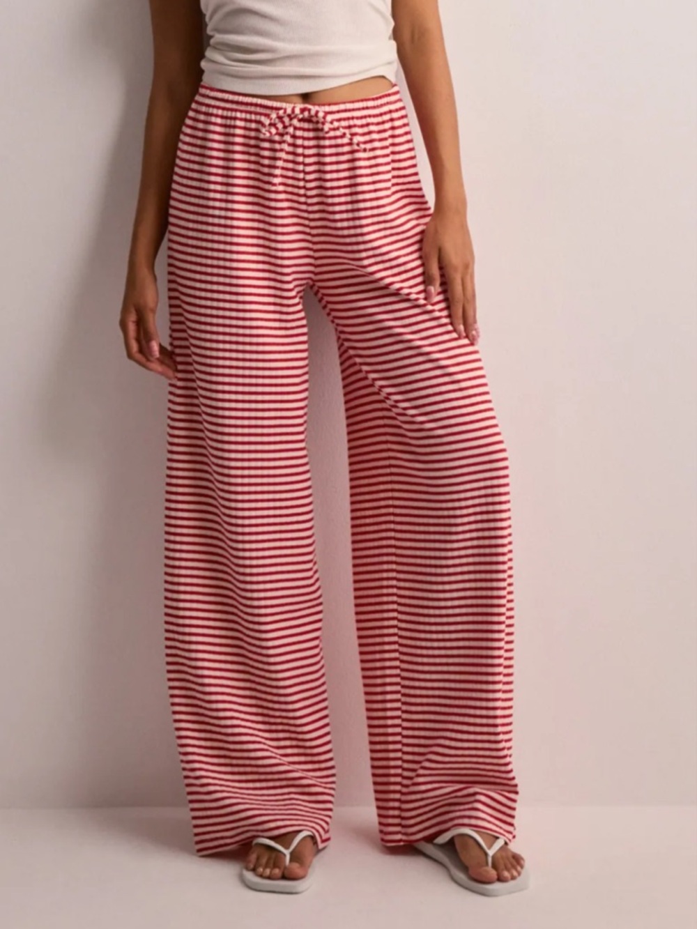 Gina Tricot Women's Red & White Striped Ribbed Wide-Leg Trousers Pants Size S